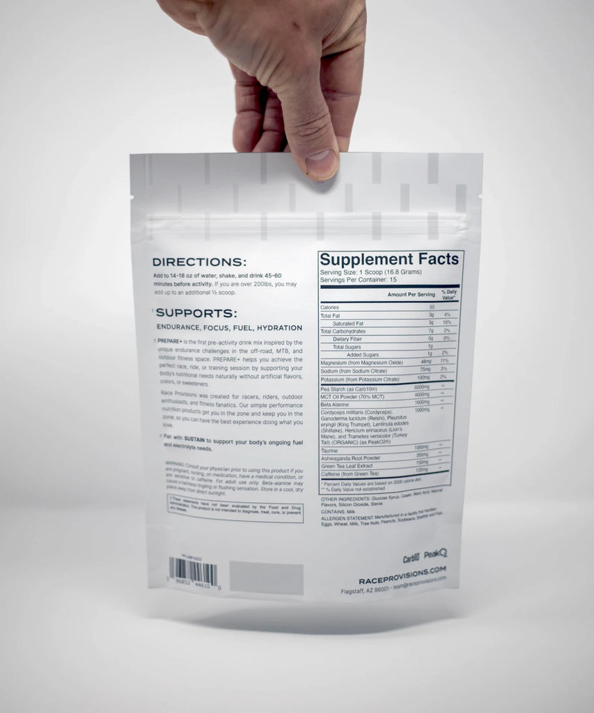 PREPARE+ Pre-Ride Performance Supplement Drink Mix -- Back of the package including the directions and supplement facts shot on a white background